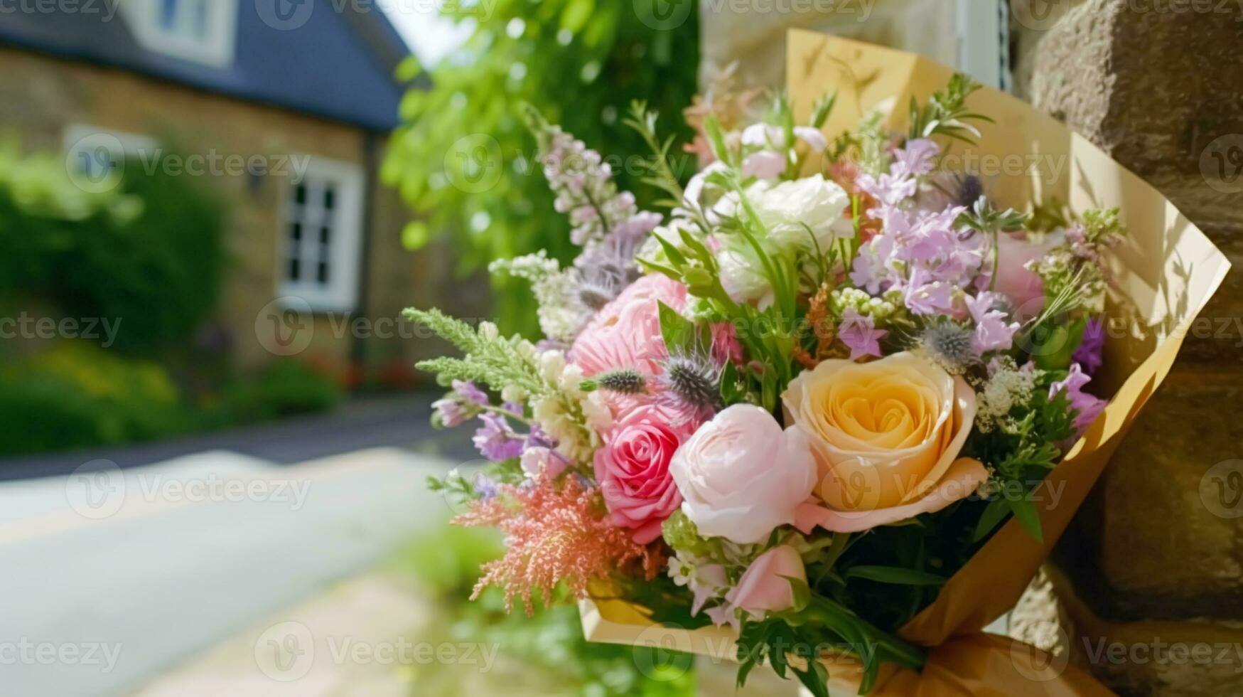 Flower shop delivery and holiday gift postal service, beautiful bouquet of flowers on a house doorstep in the countryside, generative ai photo