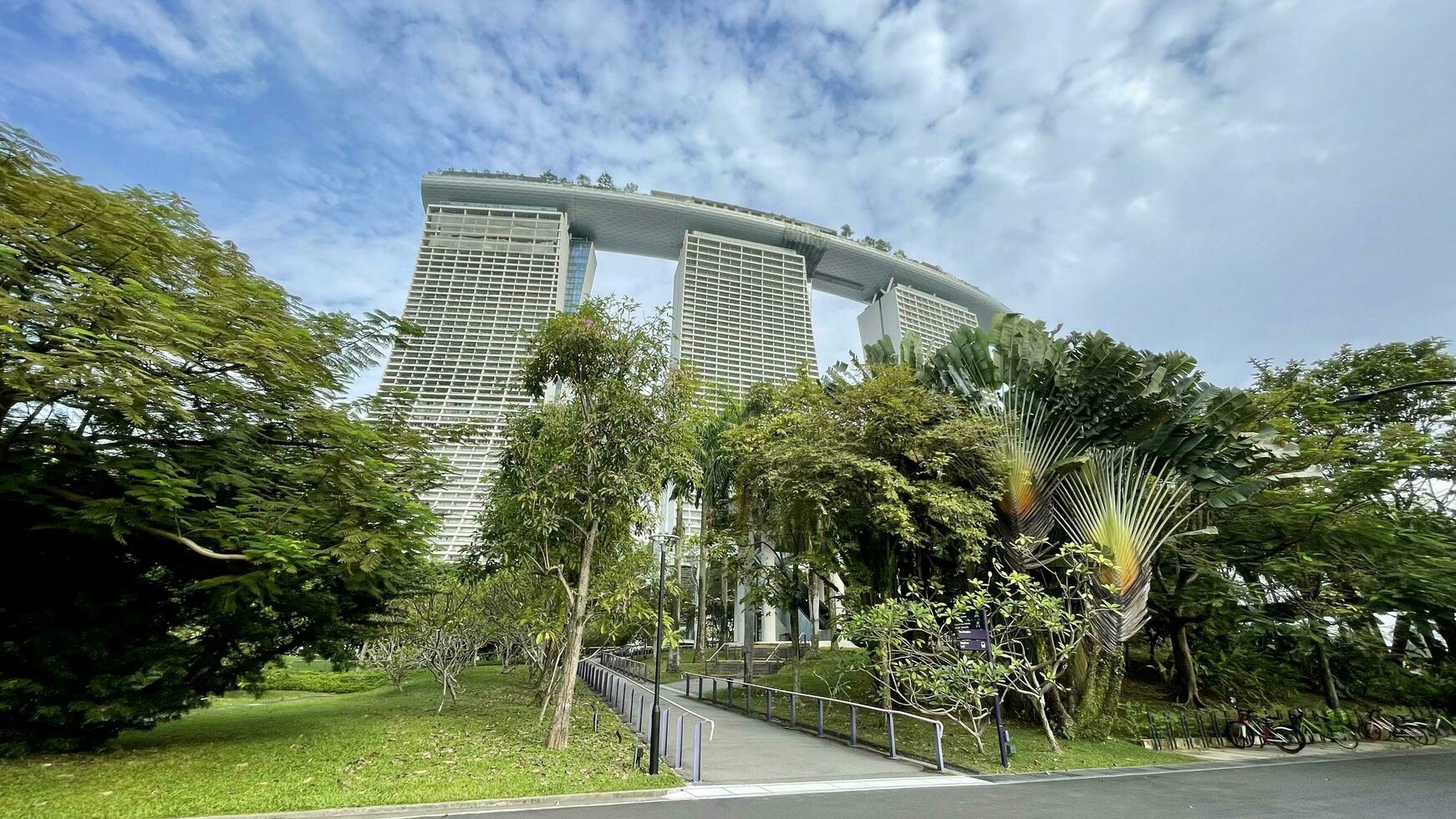 Singapore September 24 2023 Garden by the bay and view of skyscrapers see Marina Bay View of business district photo