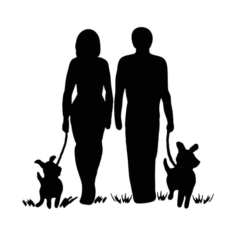 Silhouette couple walking their dogs together. vector