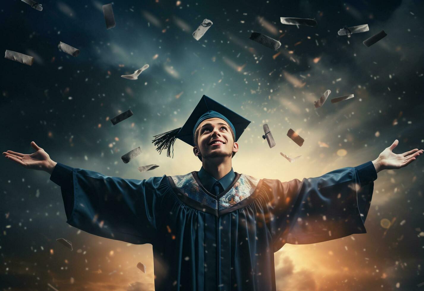 Ai generative Double exposure photo of Young man throwing graduation cap technology background realistic image