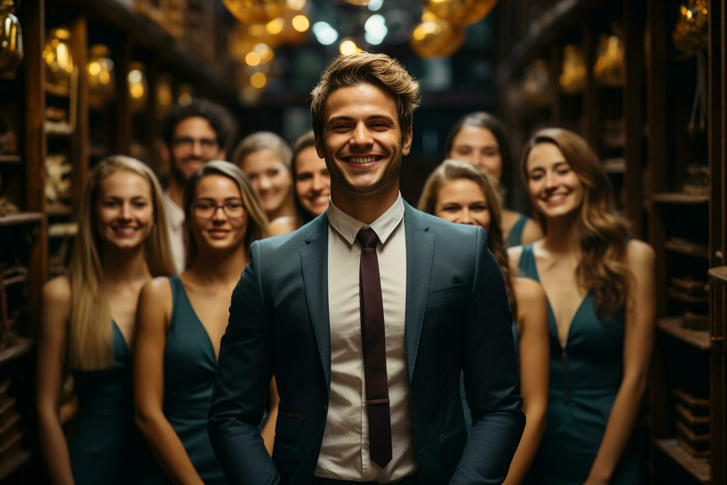 Ai Generative group of happy business man and business women, dressed in suits are smiling, in the office photo