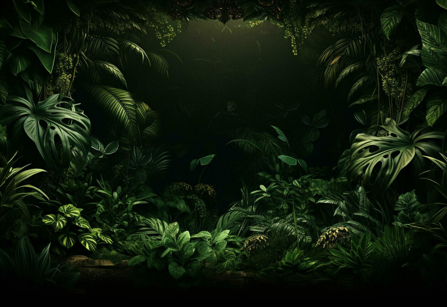 Beautiful jungle background with border made of tropical leaves backdrop with copy space photo