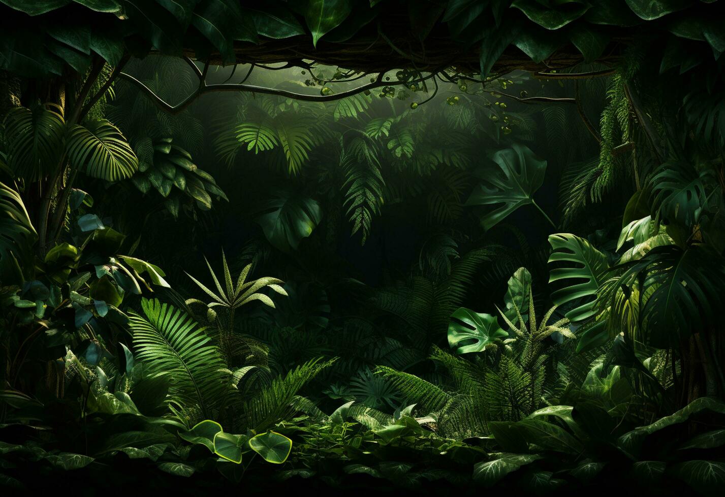 Ai Generative Beautiful jungle background with border made of tropical leaves backdrop with copy space photo