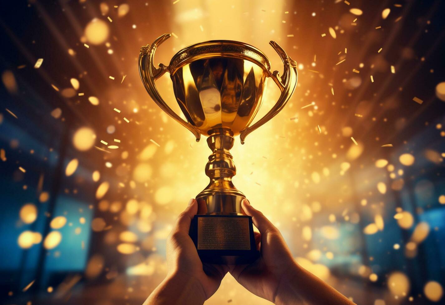 Ai generative Hand holding gold trophy cup with confetti. celebrating with trophy award for success realistic photo