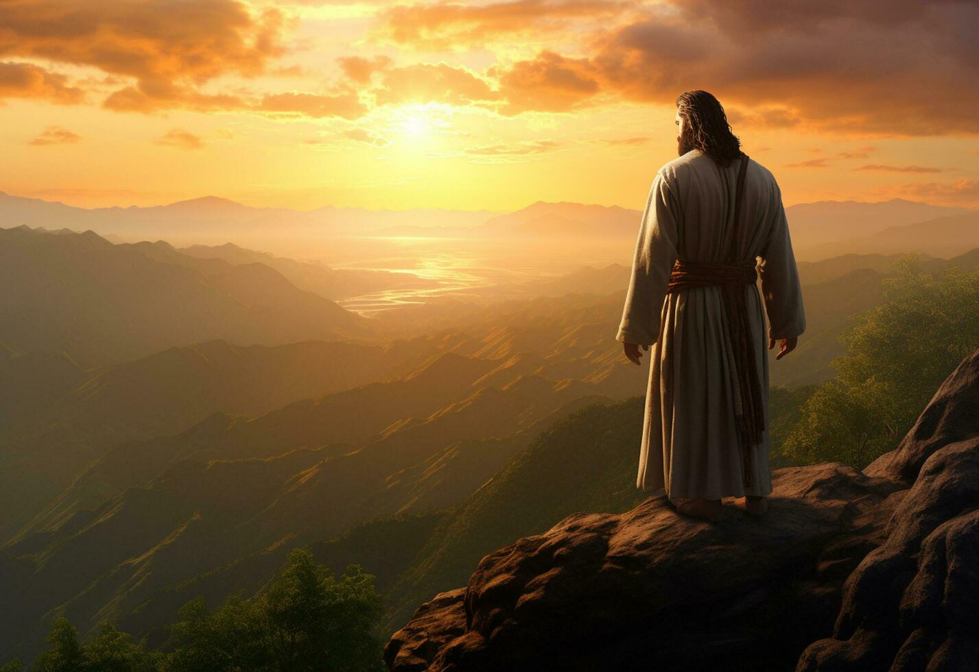 Ai generative Jesus Christ in the Hills at Sunset in Bolta realistic image, ultra hd, high design very detailed 8K photo
