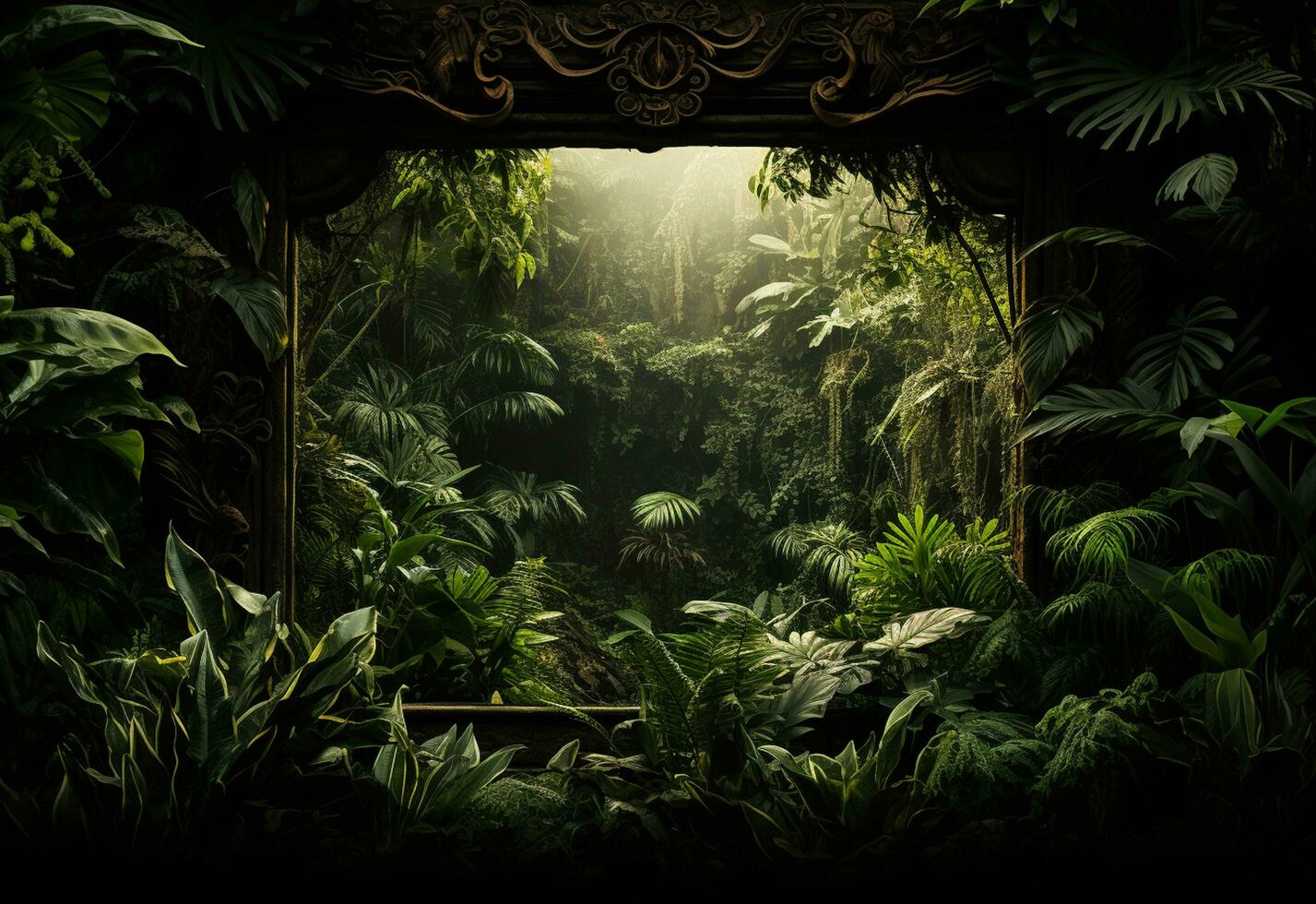 Ai Generative Beautiful jungle background with border made of tropical leaves backdrop with copy space photo