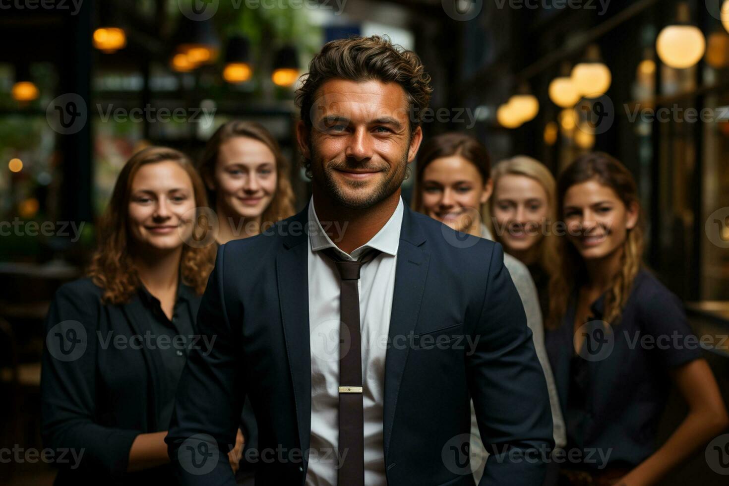 Ai Generative group of happy business man and business women, dressed in suits are smiling, in the office photo