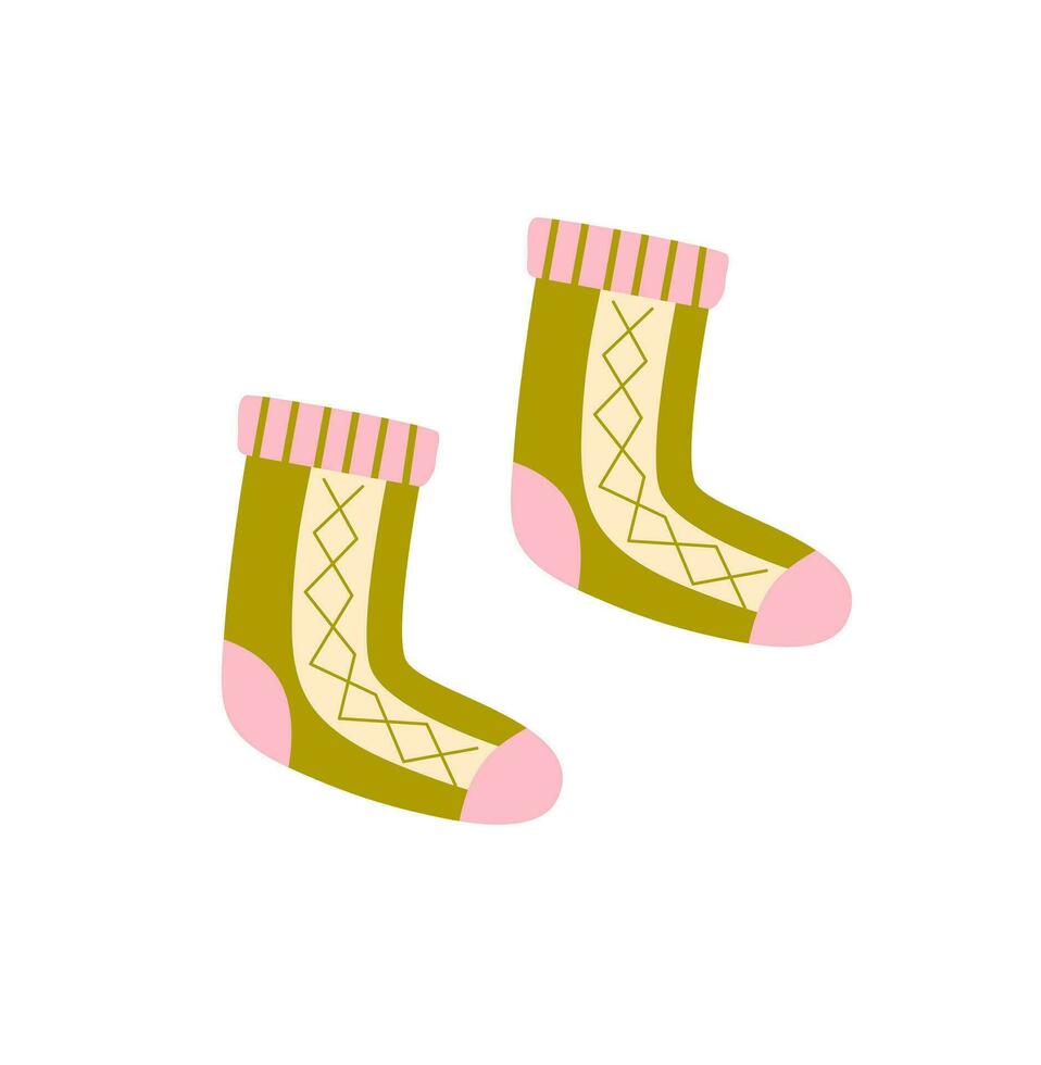 Warm patterned green and pink socks isolated on white background. Autumn and winter  essentials. Cozy season. Accessorize. vector