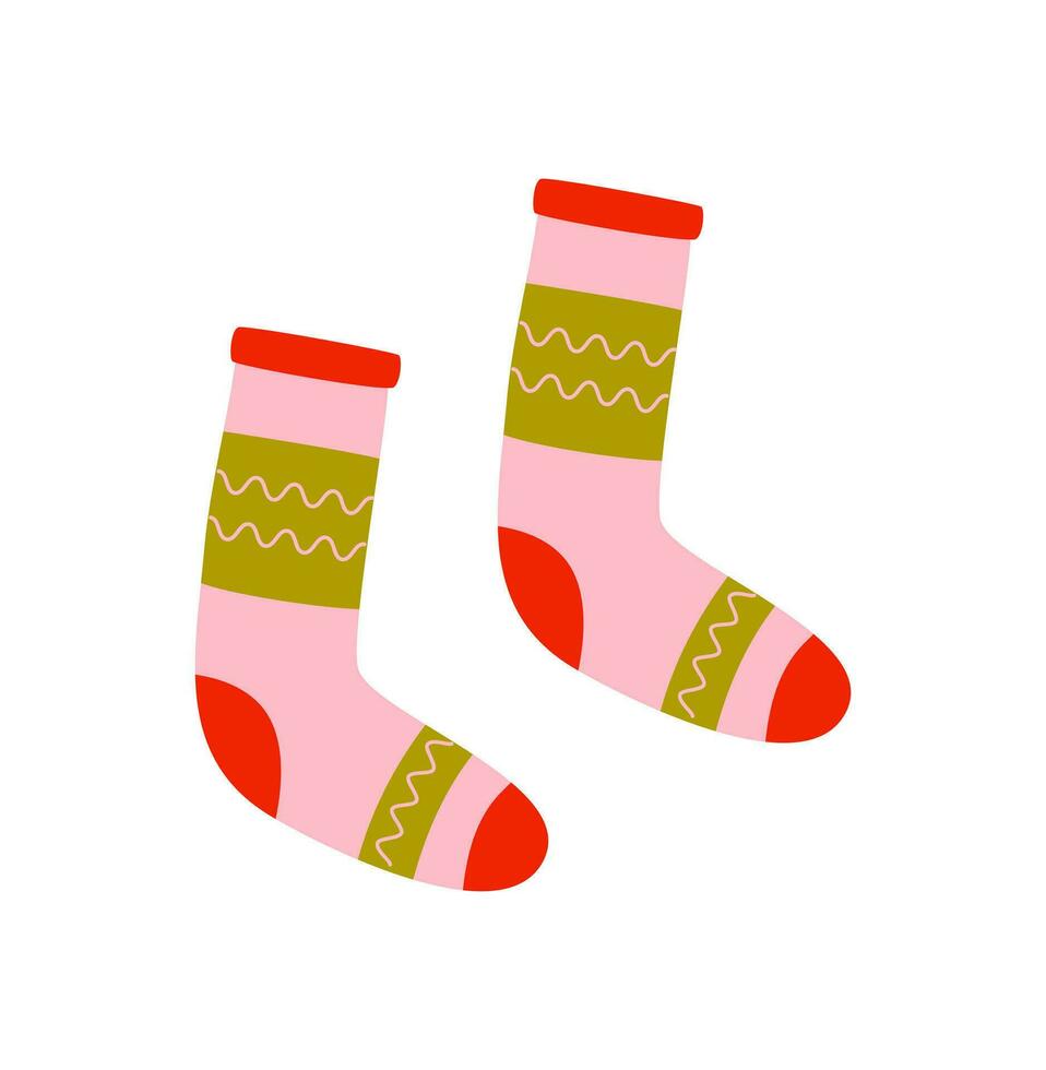 Warm green and pink stockings isolated on white background. Long socks. Autumn and winter cozy season. Accessorize. Christmas and New Year time. vector