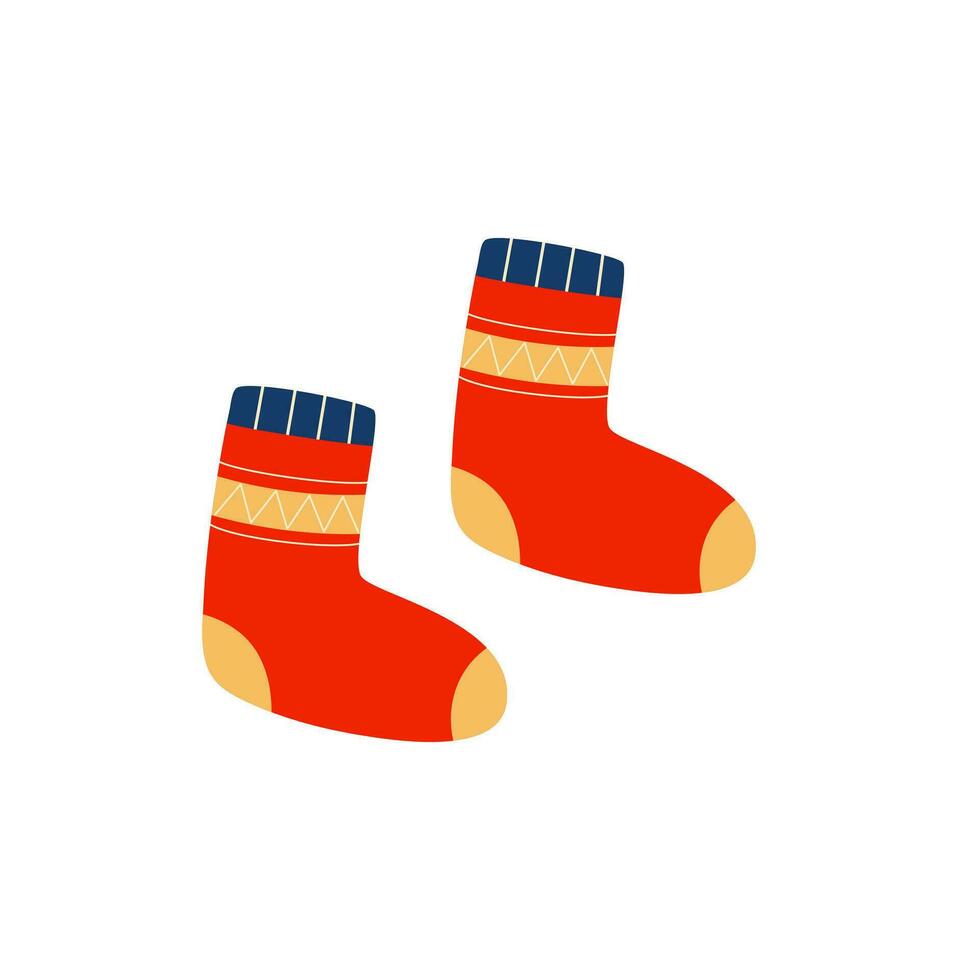 Warm knitted red socks isolated on white background. Autumn and winter cozy season. Accessorize. vector