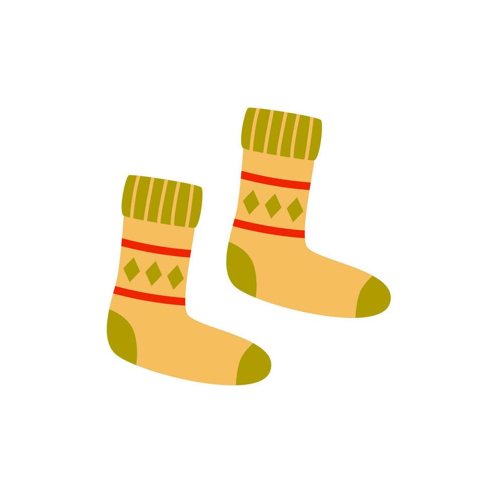 Warm green beige patterned stockings isolated on white background. Autumn and winter cozy season. Accessorize. Christmas and New Year time. vector