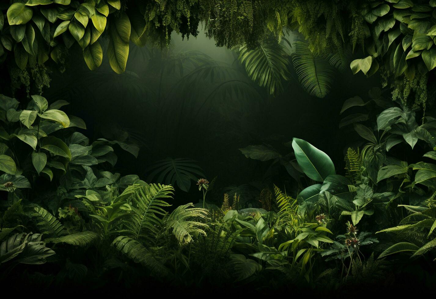 Ai Generative Beautiful jungle background with border made of tropical leaves backdrop with copy space photo