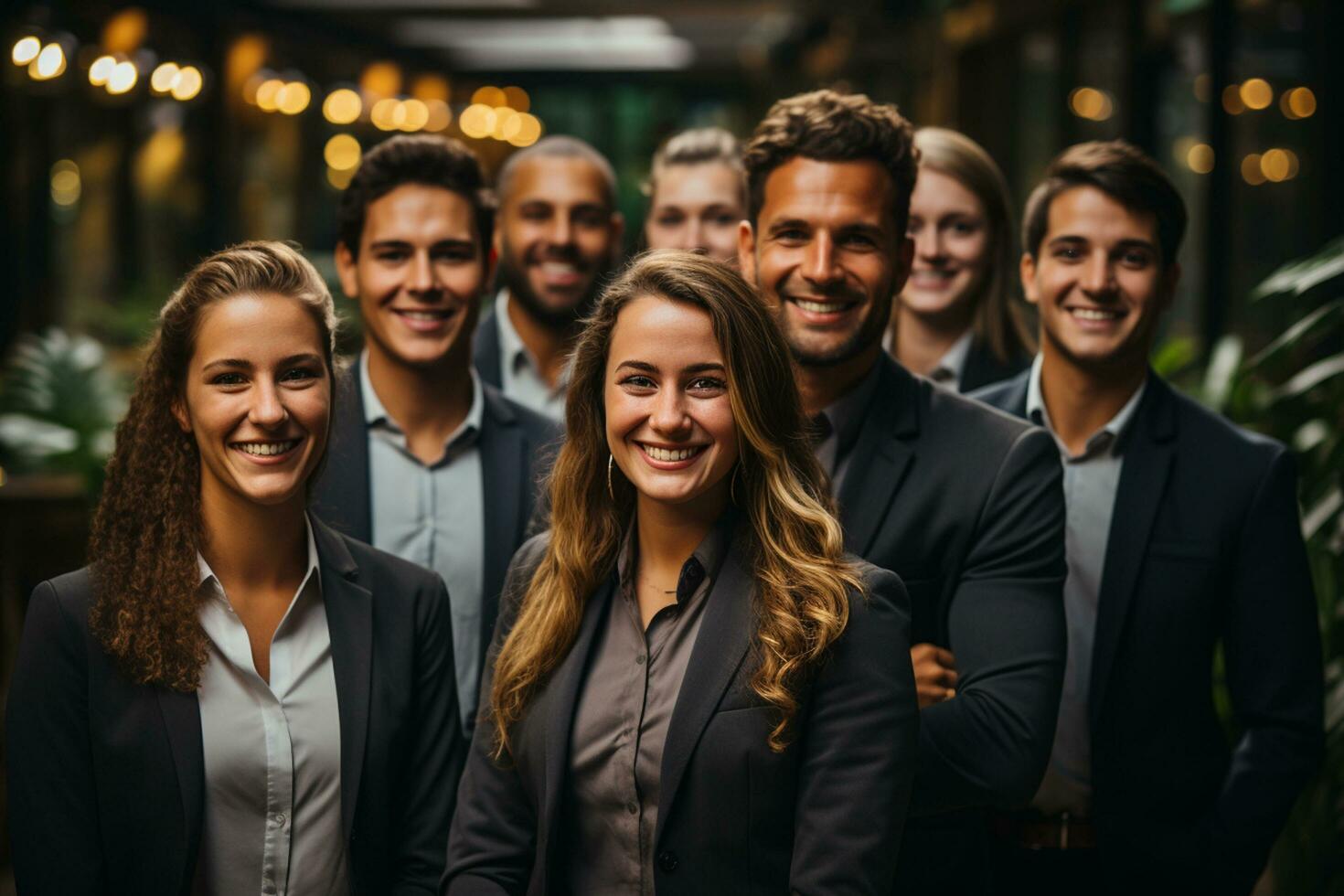 Ai Generative group of happy business man and business women, dressed in suits are smiling, in the office photo