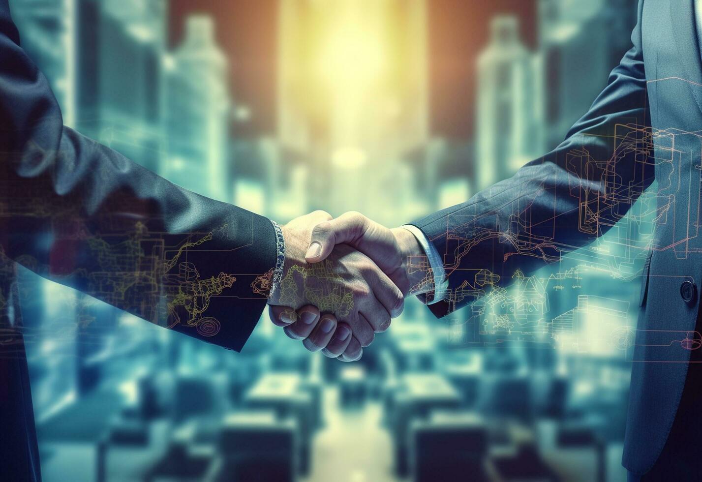 Ai generative photo american business male people shaking hands skyscrapers in the background