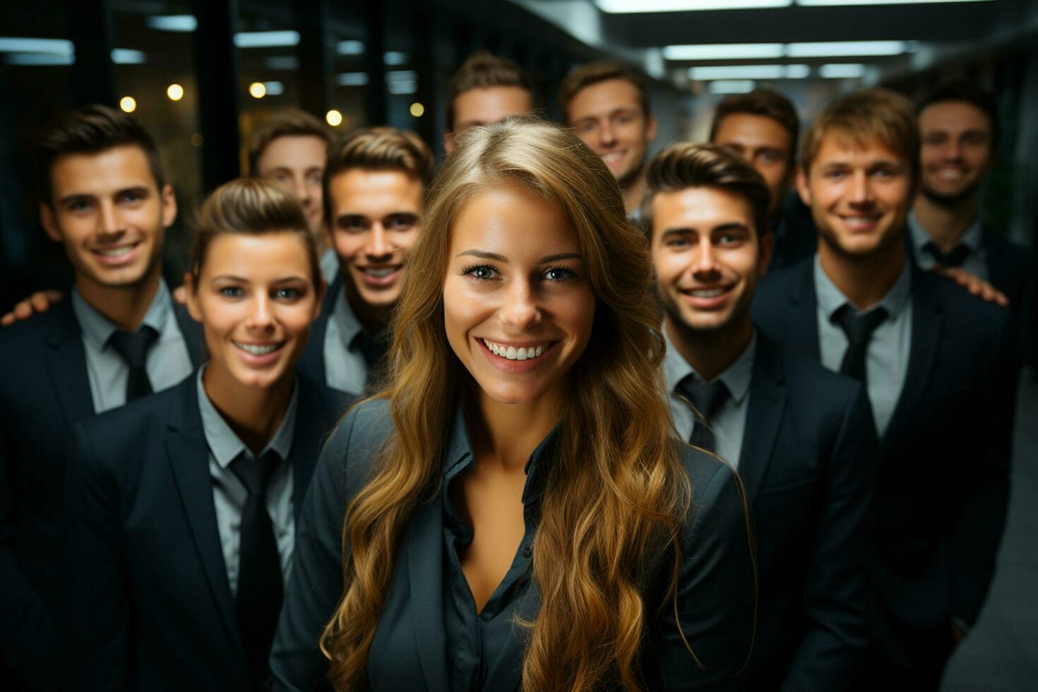 Ai Generative group of happy business man and business women, dressed in suits are smiling, in the office photo