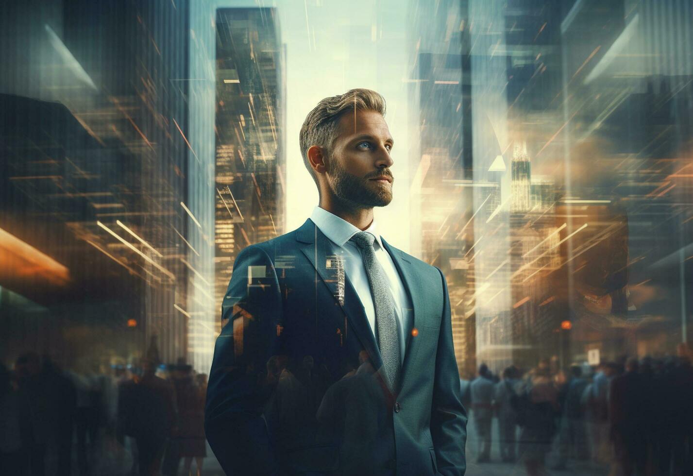 Ai generative A Double Exposure of a Businessman in the Cityscape Embodies Success and Future Plans photo