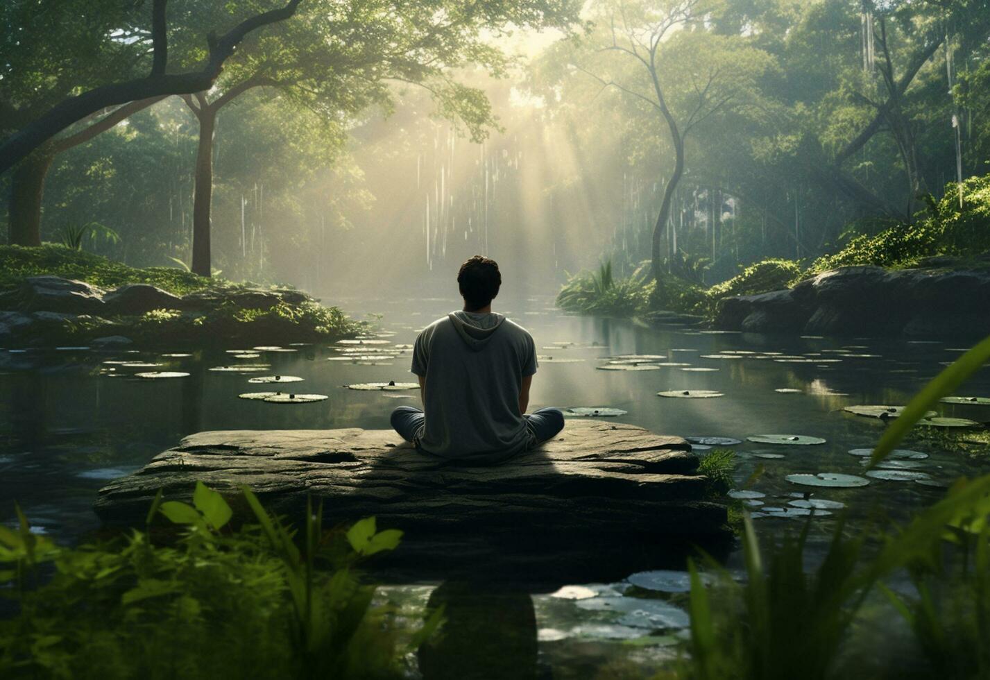 ai generative photo of a man practicing mindfulness and meditation in a peaceful natural environment sony A7s realistic image, ultra hd, high design very detailed