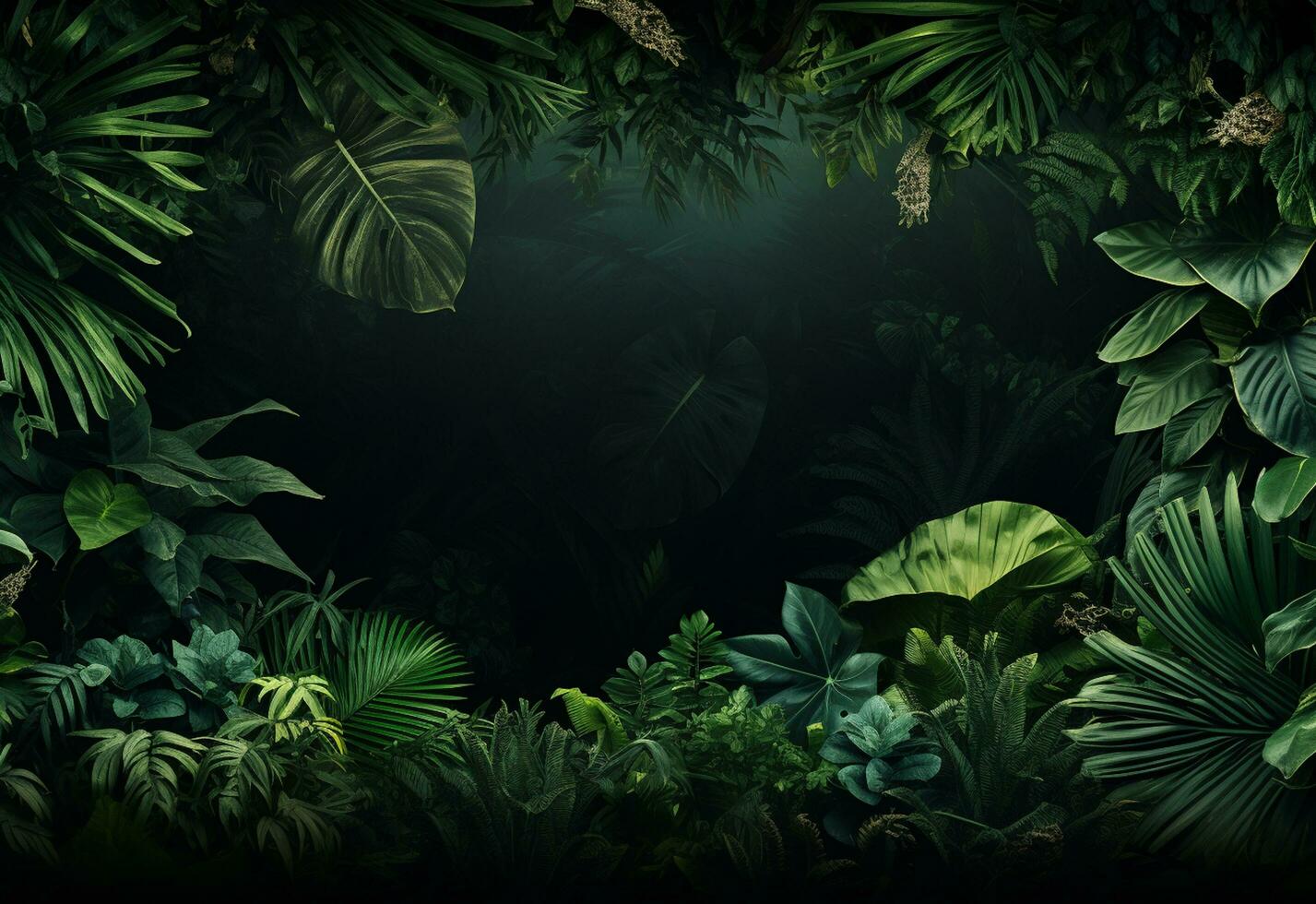 Ai Generative Beautiful jungle background with border made of tropical leaves backdrop with copy space photo