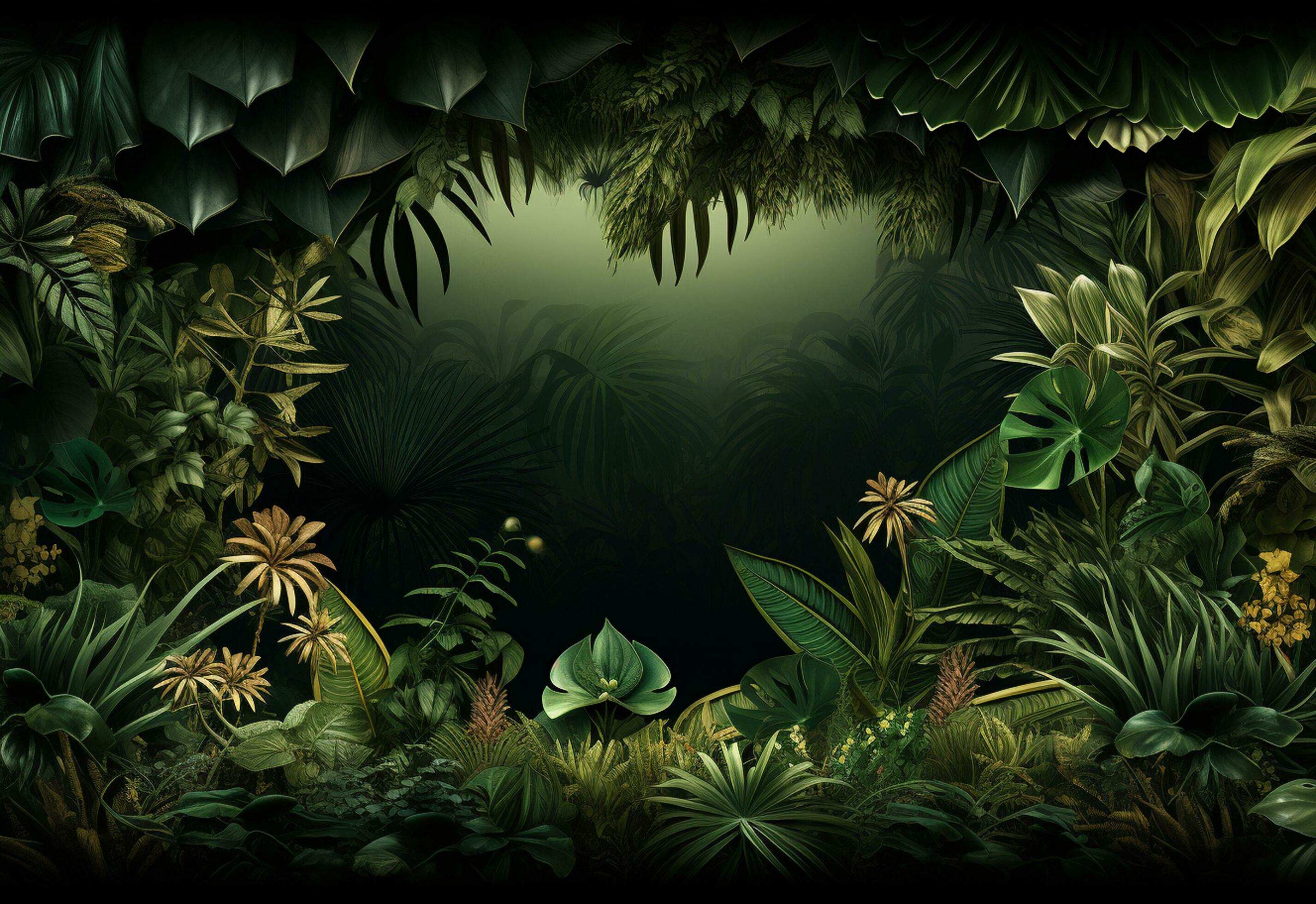 Beautiful jungle background with border made of tropical leaves