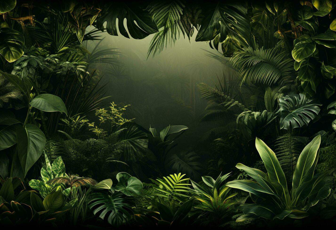 Ai Generative Beautiful jungle background with border made of tropical leaves backdrop with copy space photo