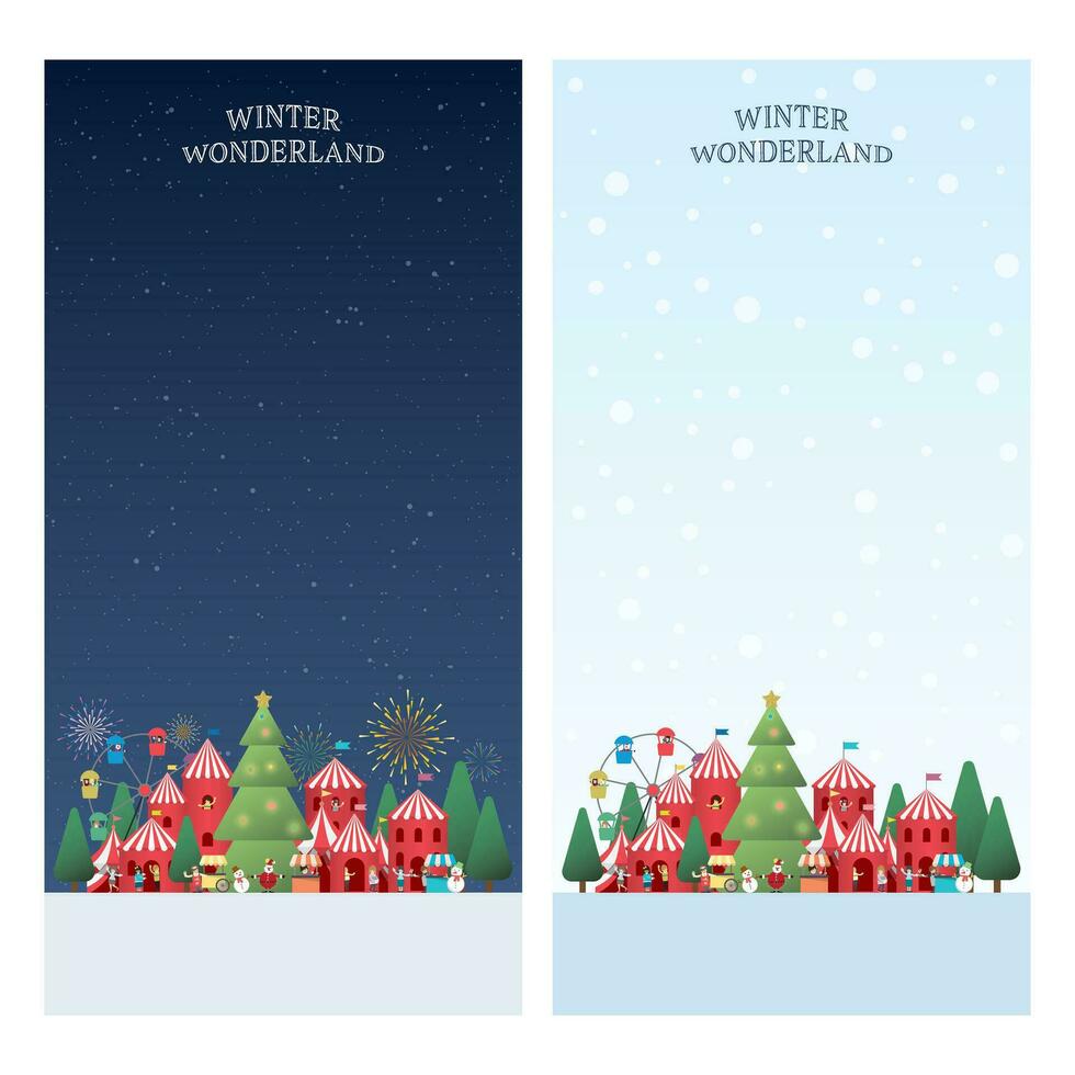 Set of Winter wonderland day and night template. Merry Christmas and Happy New Year greeting card vector illustration have blank space.