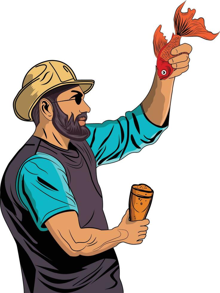 Premium Vector a happy fisherman catches fish Character Illustration
