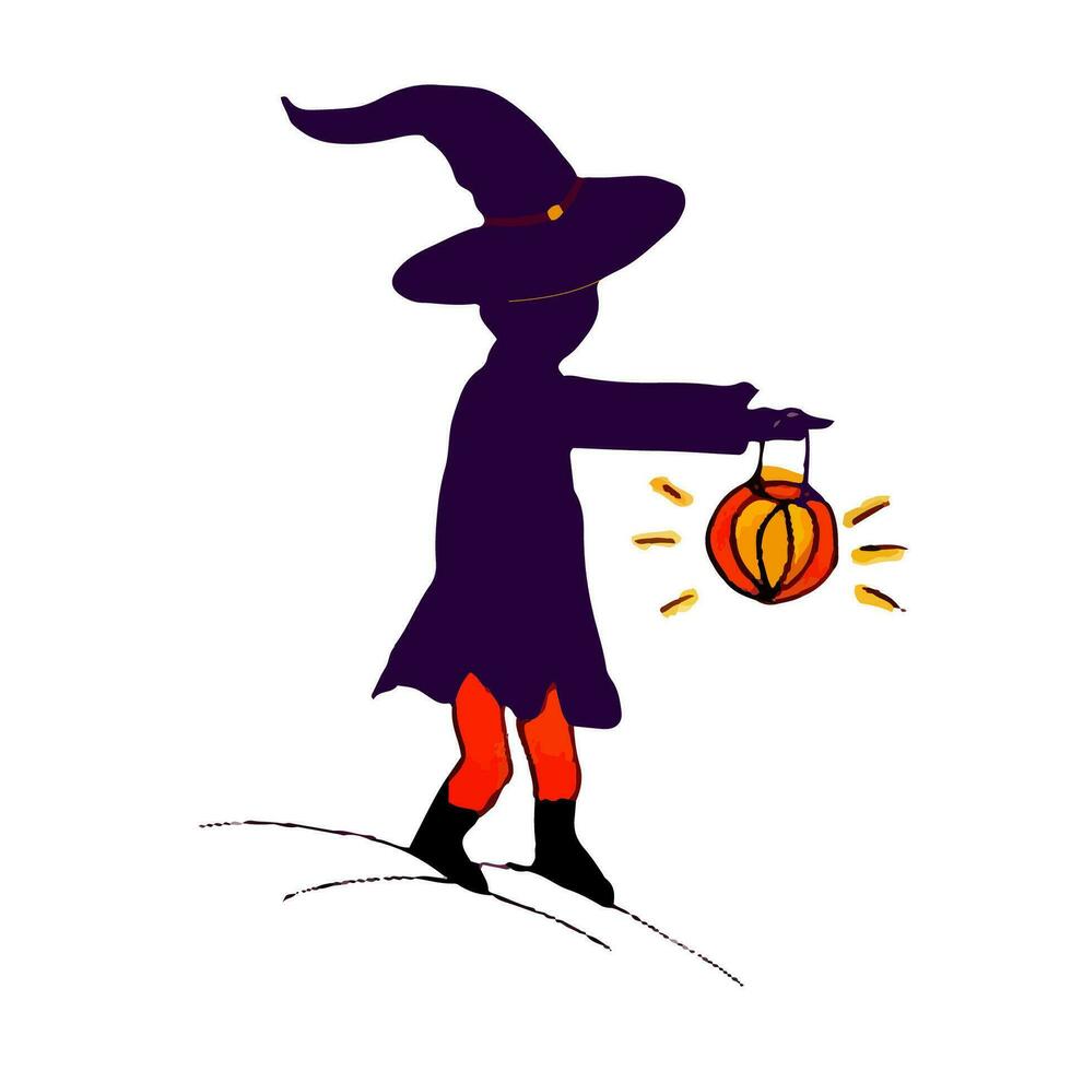 Witch with lantern in hand. Magical, occult Isolated vector illustration. Halloween doodle icon.