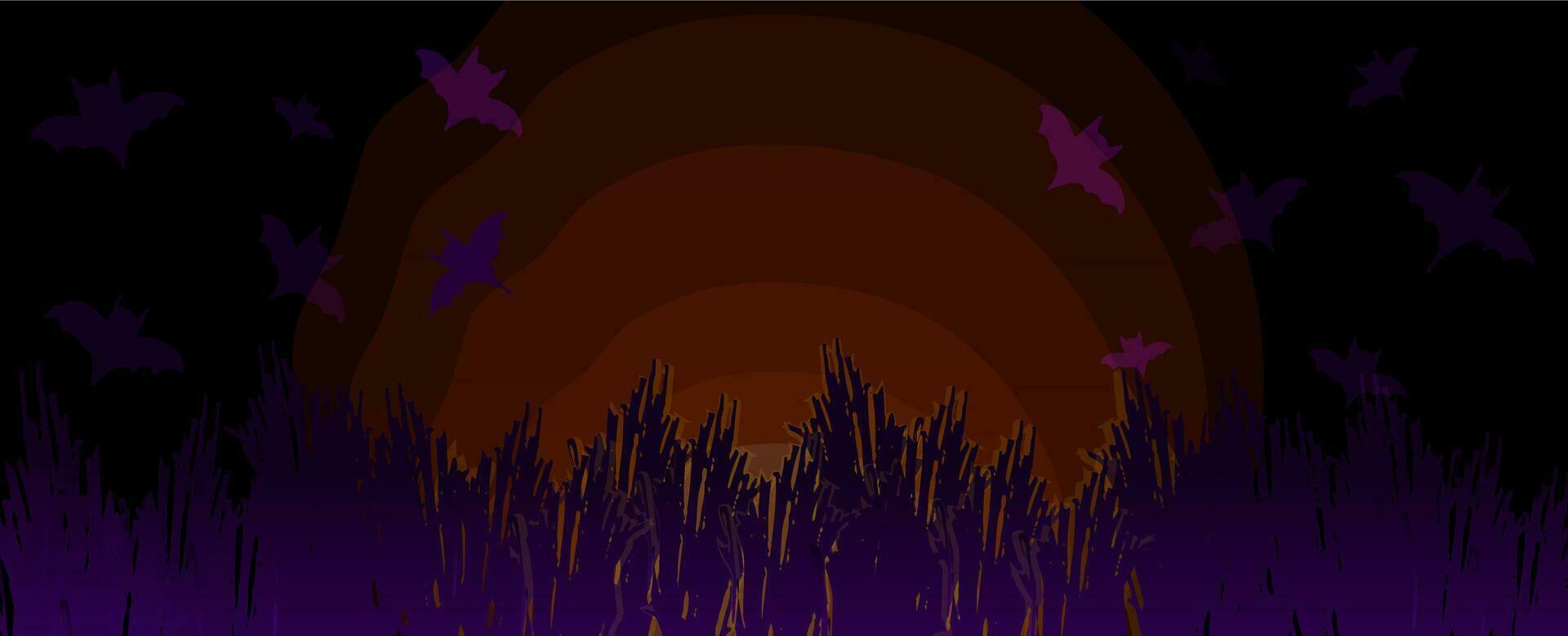 Vector Halloween background horizontal banner with bats, dry bushes, magical glow, moonlight, glow.