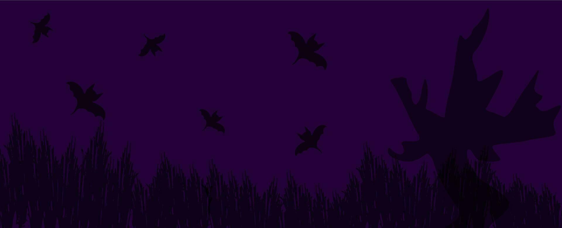 Vector Halloween background horizontal banner with bats, dry bushes, tree. Advertising copy space.