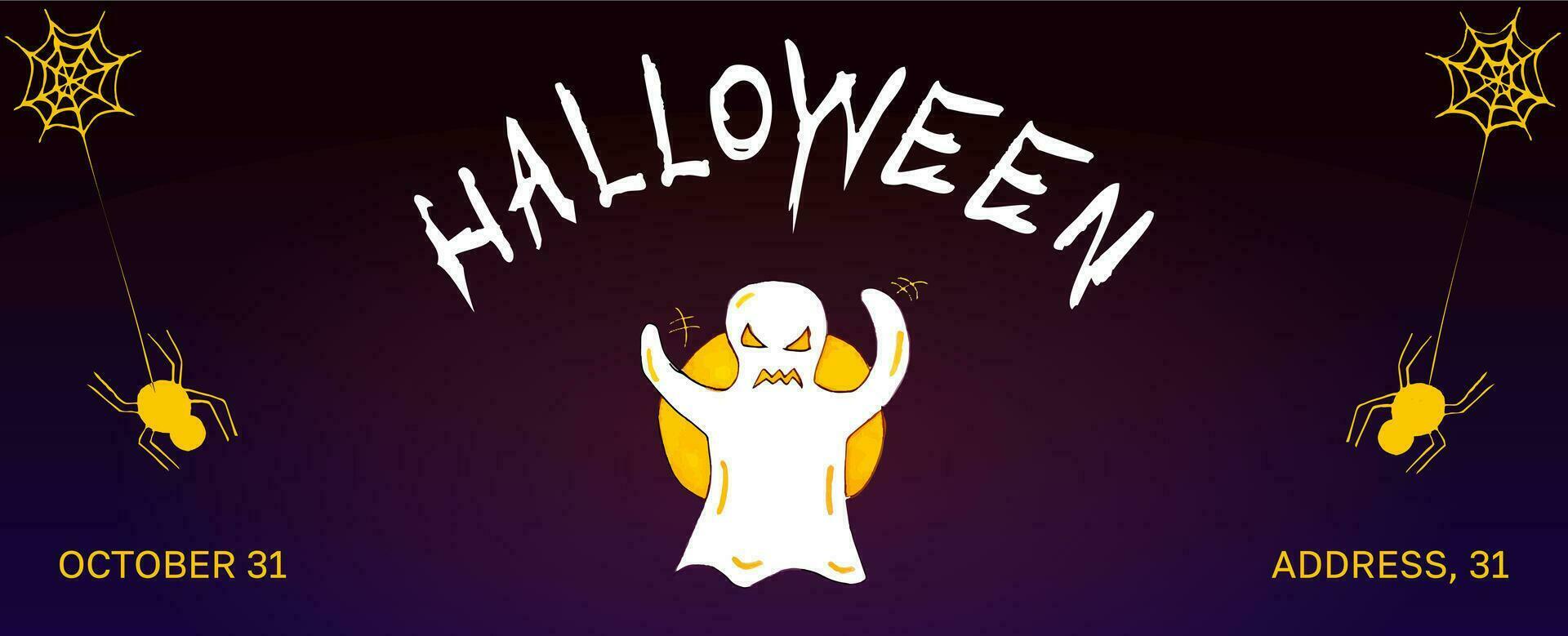 Vector Halloween background horizontal banner with ghost and spider. Holiday advertising copy space