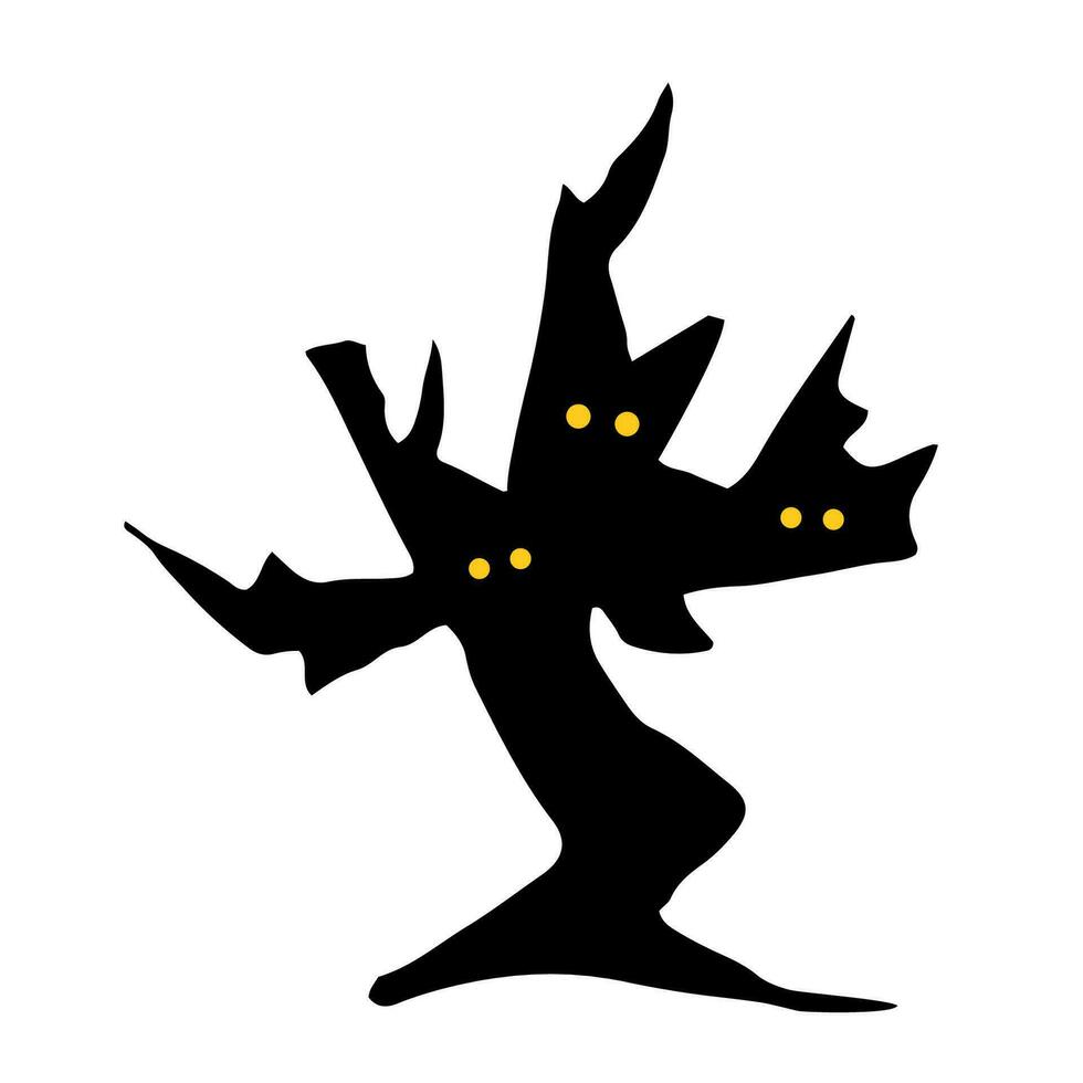 vector negro terrible seco árbol silueta con amarillo ojos icono. Víspera de Todos los Santos garabatear ilustración.