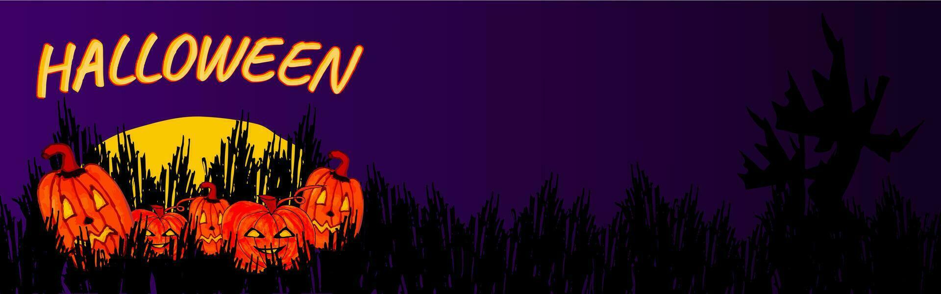 Vector Halloween background horizontal banner with pumpkins, moon, dry tree, bushes, tree silhouette