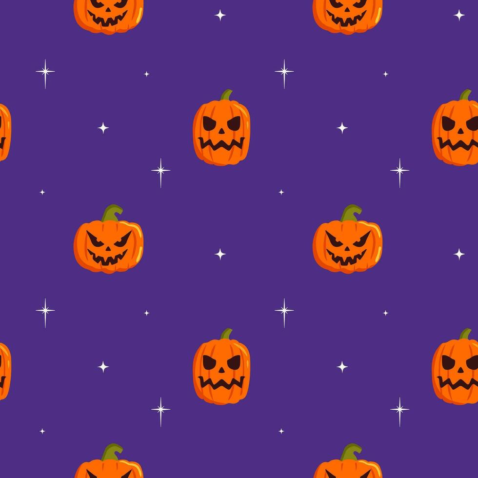 Seamless pattern with cute pumpkin, stars on purple  background. Cartoon flat vector style. Baby texture for fabric, wrapping, textile, wallpaper, clothing, greeting cards.