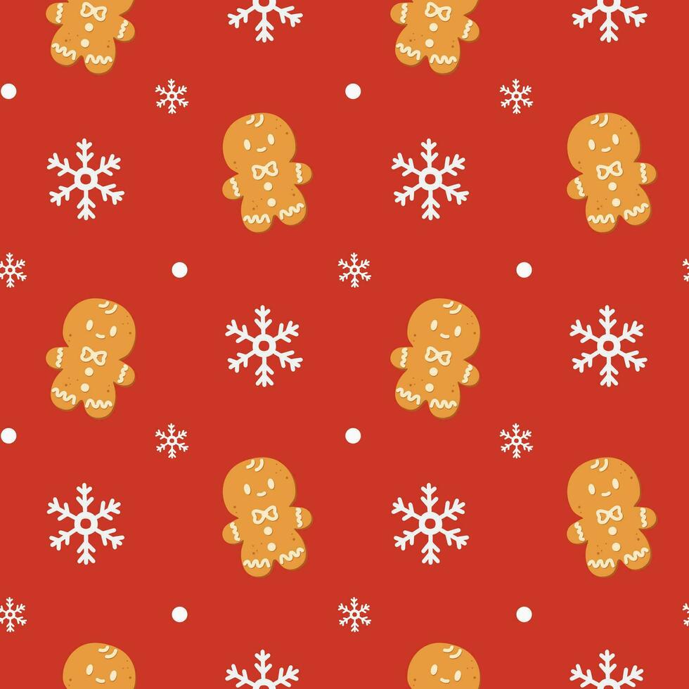 Christmas seamless pattern with snowflakes and gingerbread men. Perfect for wallpapers, wrapping paper, fill patterns, winter greetings, web page background, Christmas and New Year cards. vector