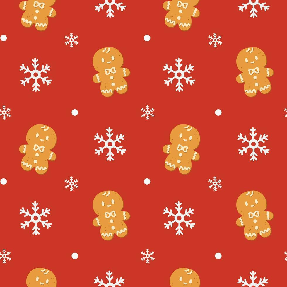 Navidad sin costura modelo con copos de nieve y pan de jengibre hombres. Perfecto para fondos de pantalla, envase papel, llenar patrones, invierno saludos, web página fondo, Navidad y nuevo año tarjetas vector