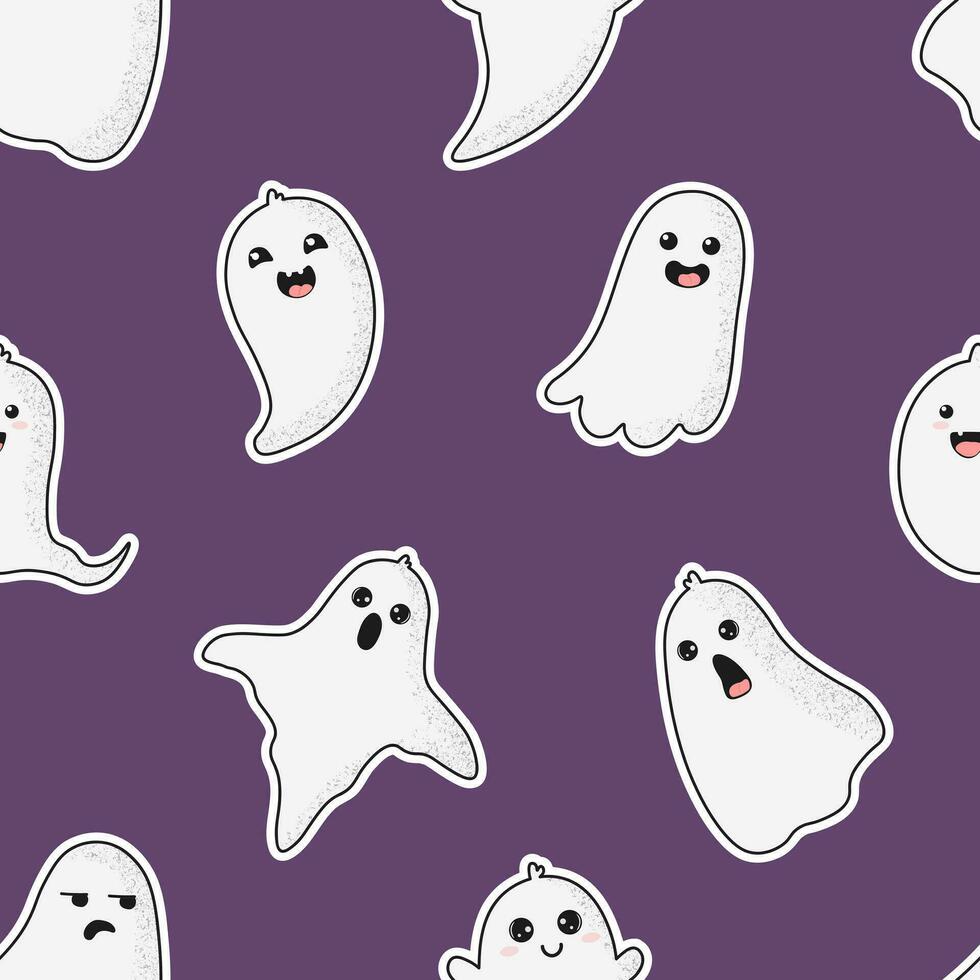 Seamless pattern with cute cartoon ghosts. White ghosts on violet background. Halloween illustration. Background for wrapping paper, greeting cards and seasonal designs. vector