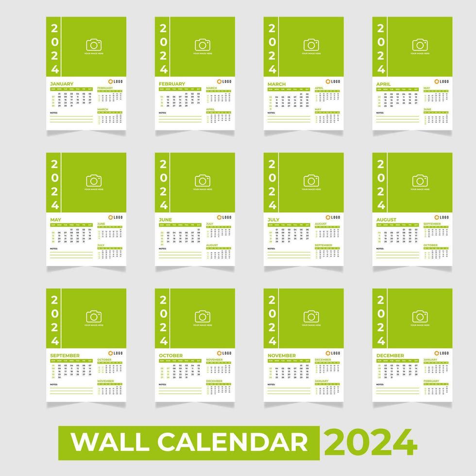 Wall Calendar 2024 Vector Design Template. Set of 12 Pages Wall Calendar Design
