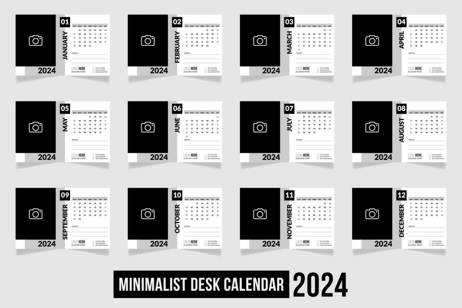 Minimalist Trendy Desk Calendar Design 2024. Set of 12 Pages Table Calendar. Black and White Vector Calendar Design for Print Template.