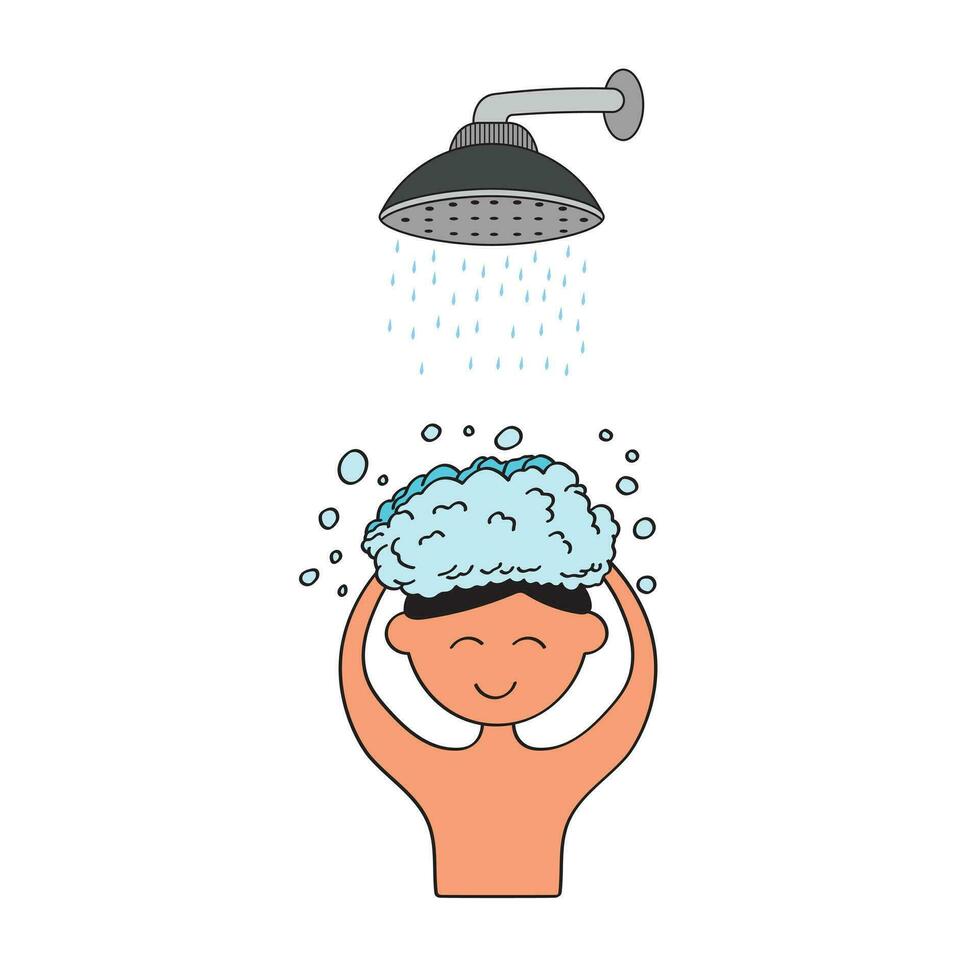 Hand drawn Cartoon Vector illustration boy washing his hair icon in doodle style