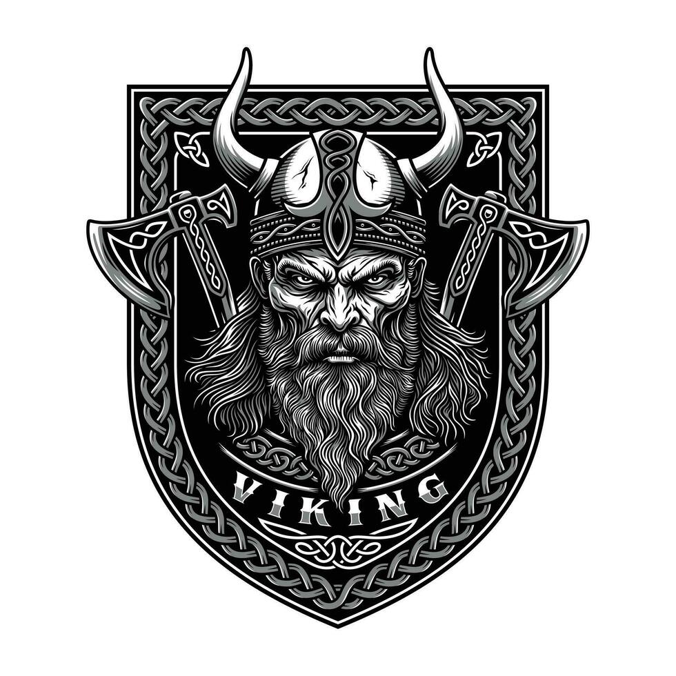 Viking Warrior Head Wearing Helmet And Axes Vector Graphic