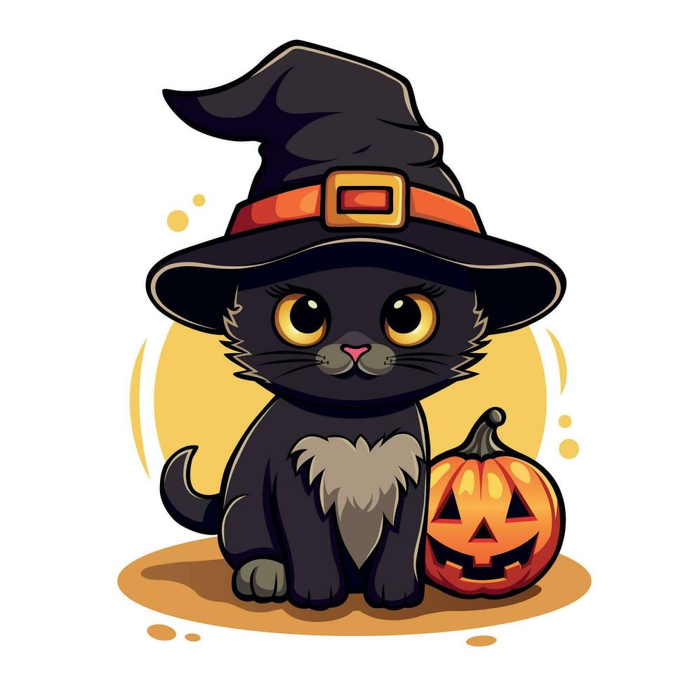 Cute black kitten in witch hat sits with pumpkin Jack lantern. Halloween cartoon vector illustration. 2D sticker for decorations