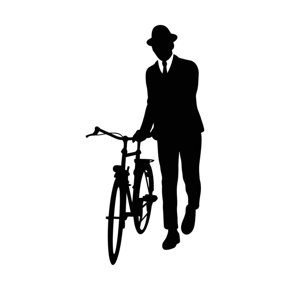 Gentleman pushing a bicycle in a park vector