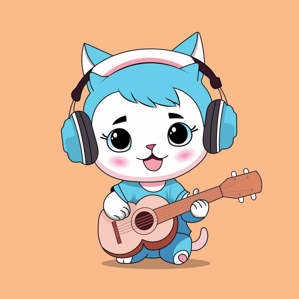 Cartoon cat playing guitar with headphones vector