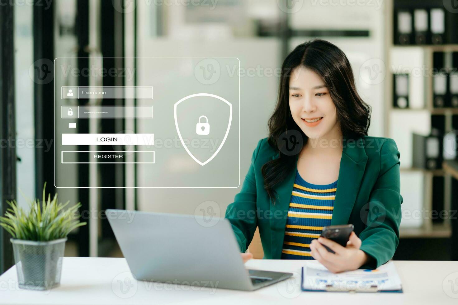 Cyber security concept, Login, User, identification information security and encryption, secure access to user's personal information woman using smart phone and tablet photo
