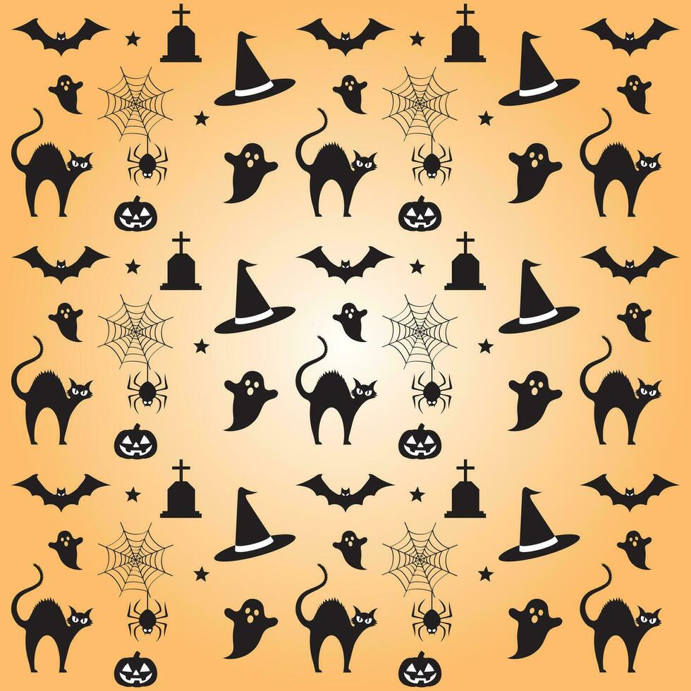 Halloween pattern background design with pumpkin, ghost, skull, spider web, bats. Vector Halloween pattern.