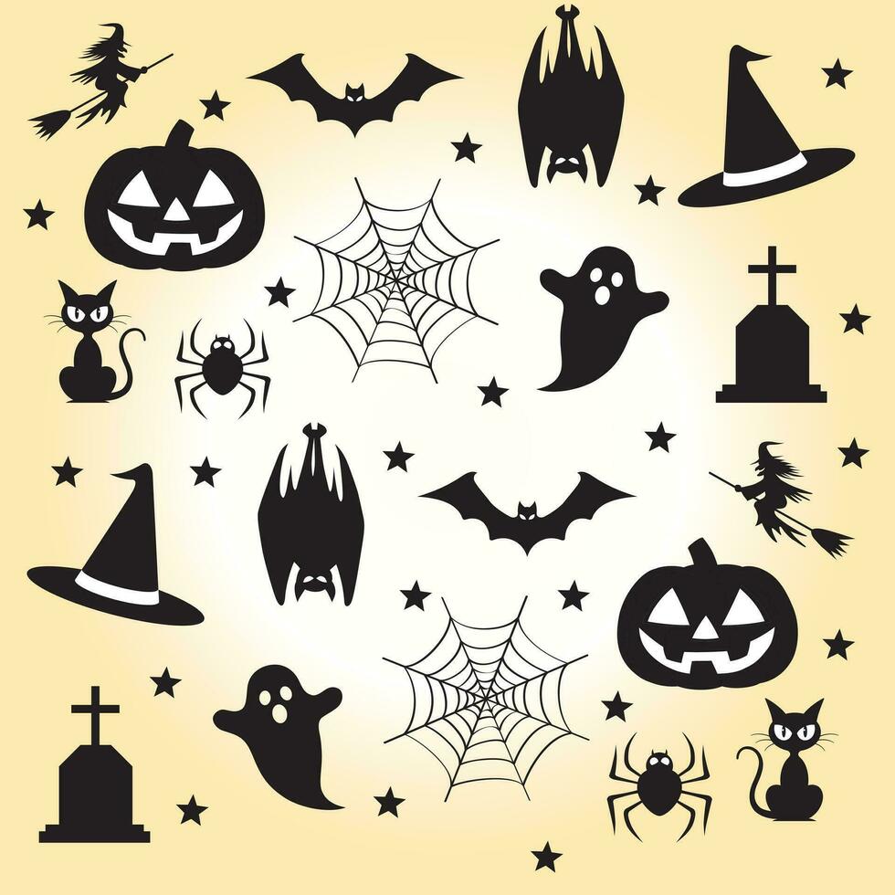 Halloween pattern design with ghost, bats, spider, pumpkin and black cat vector