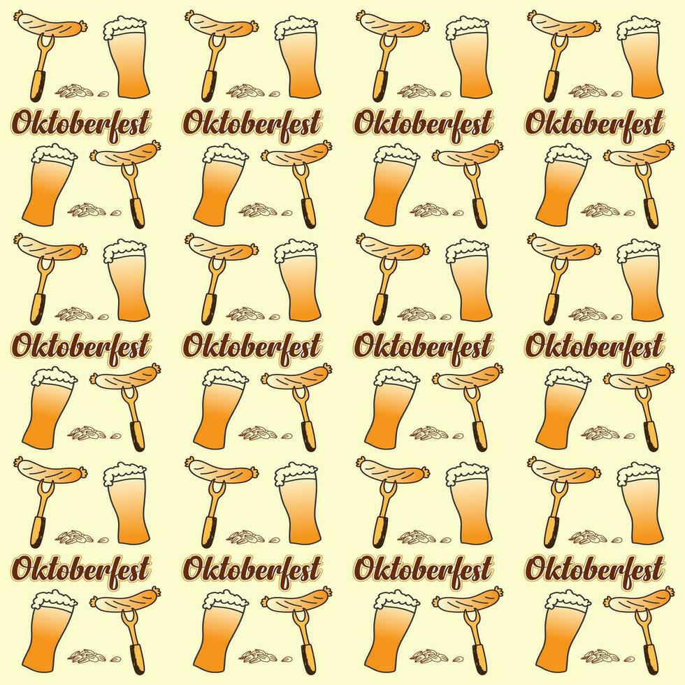 Oktoberfest antecedentes. contento Oktoberfest cerveza festival celebracion. Oktoberfest antecedentes con cerveza símbolos, iconos, señales. cerveza taza, botella, vaso. Oktoberfest fiesta, póster, bandera, modelo. vector