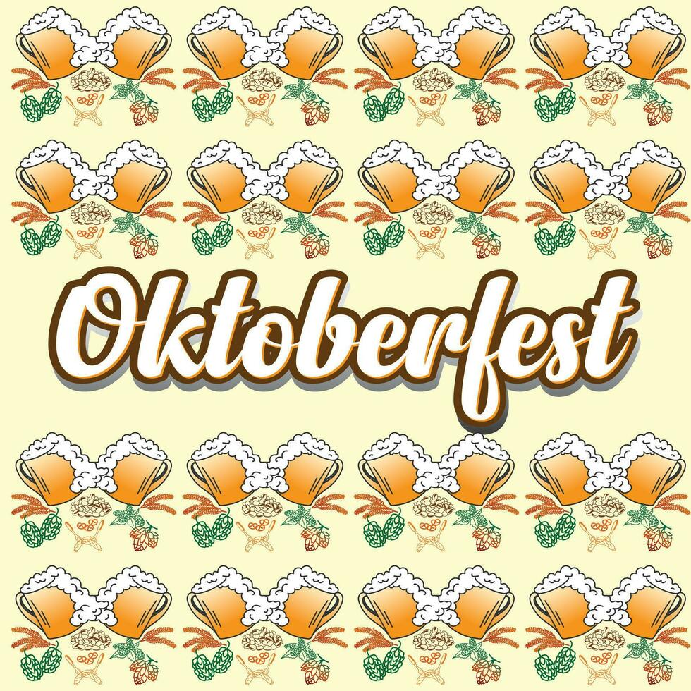 Oktoberfest antecedentes. contento Oktoberfest cerveza festival celebracion. Oktoberfest antecedentes con cerveza símbolos, iconos, señales. cerveza taza, botella, vaso. Oktoberfest fiesta, póster, bandera, modelo. vector