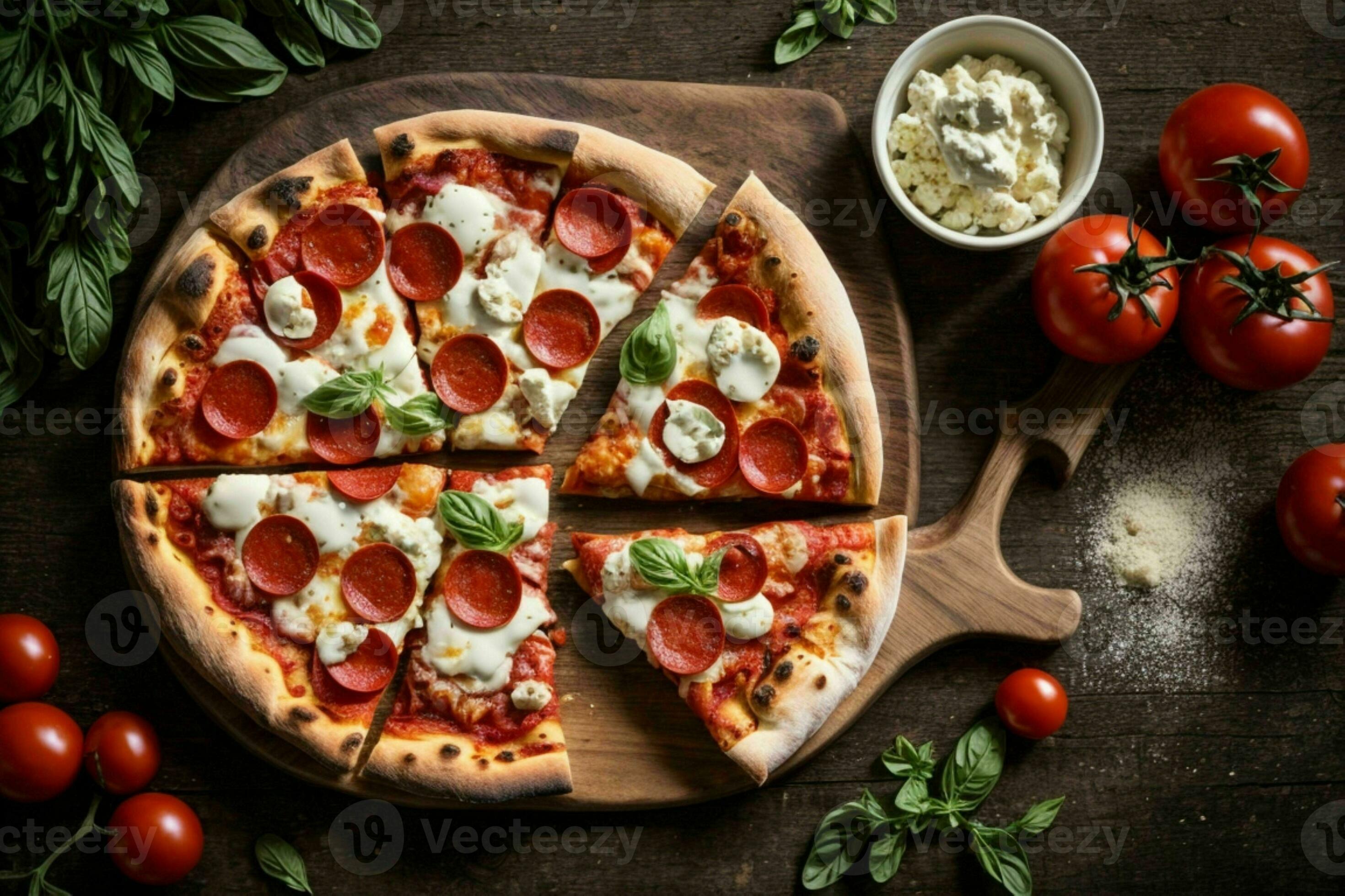 Delicious pizza with mozzarella on a chocolate wooden board on a table
