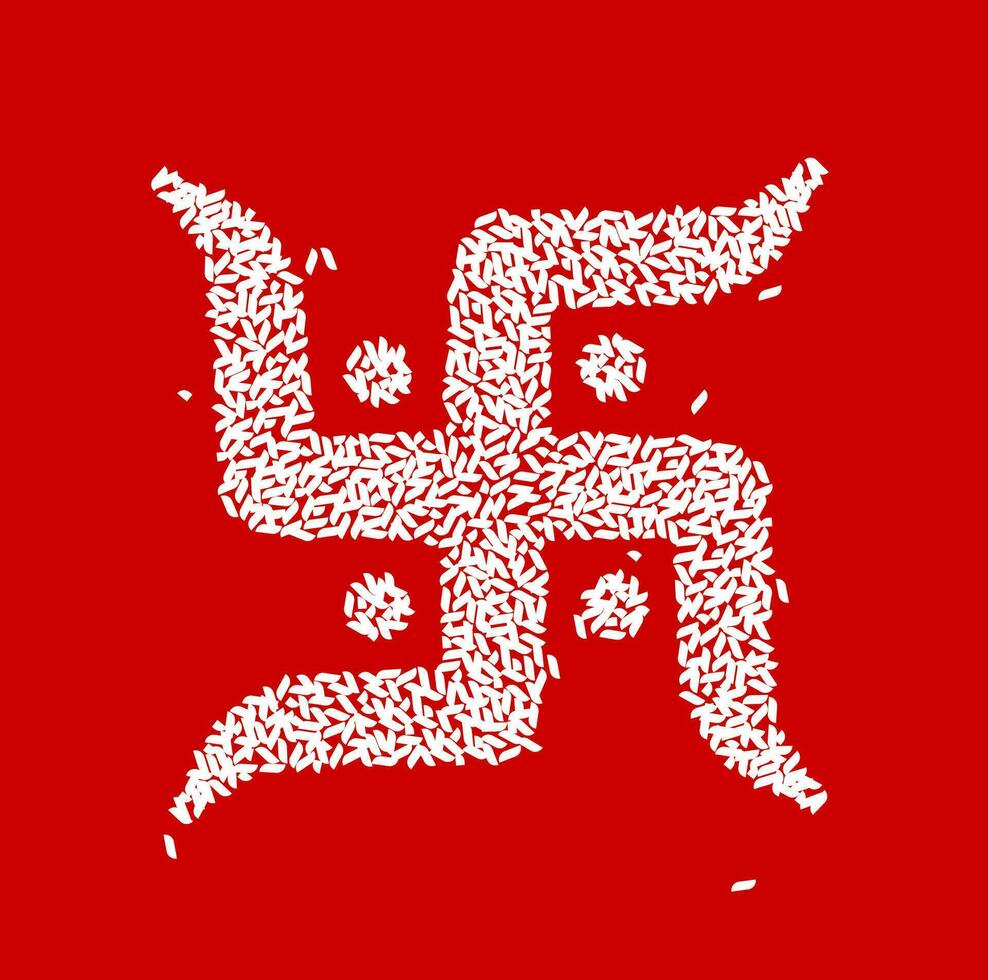 Swastik Holy symbol of the Hindu religion made with a white rice vector illustration or red background.